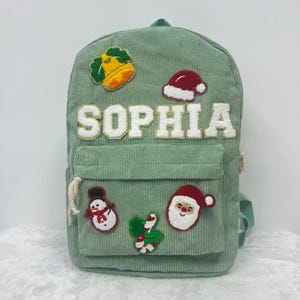 Sac à dos en velours côtelé avec nom personnalisé, sac à dos de Noël personnalisé avec lettre, cartable pour enfants, cadeau de Noël, sac à dos de Noël personnalisé
