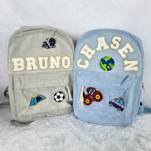 Mochila de pana con nombre personalizado, mochila personalizada con parche de letras de chenilla, mochila escolar para niños, regalo de cumpleaños para niños