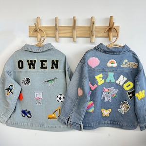 Chaquetas de mezclilla personalizadas para niños con parche de letras Chenille, chaqueta Jean con parche de nombre personalizado, regalo de cumpleaños para niños, regalo personalizado