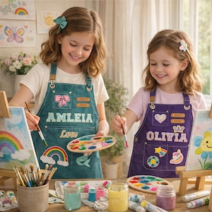 May include: Two young artists wearing teal and purple aprons with personalized names and decorative patches. They are holding paintbrushes and wooden palettes, painting on small easels. The aprons have leather-like straps and pockets. The artwork includes rainbows and flowers.