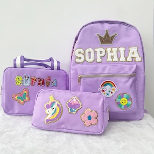 Mochila de nailon con nombre personalizado, bolsa para almuerzo y lápices, bolsa para niños con parche de letras de chenilla, mochila escolar para niños, regalo de cumpleaños para niños