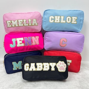 Custom Nylon Pouch, Personalized Makeup Bag With Chenille Letter Patch, Name Cosmetic bag, Travel Toiletry Bags, Bridesmaid Gift, Gift Pouch
