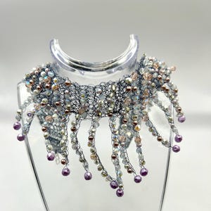Handmade Beaded Grey Wire Crochet Choker Necklace