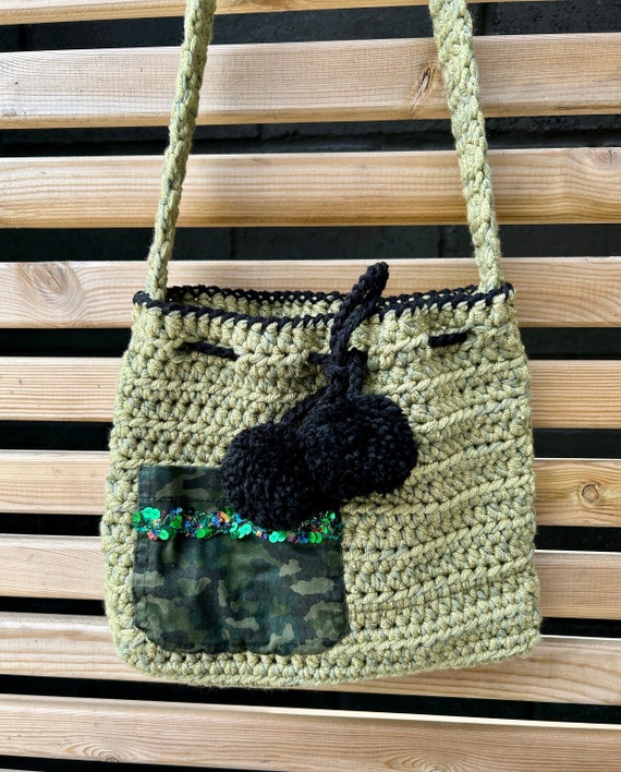 Olive Green and Brown Crochet Bag Nefeli Brown Olive Green Crochet Shoulder Bag - Miss Polyplexi main image 4