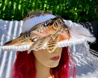 Natural Feather White Crochet Hat Handmade