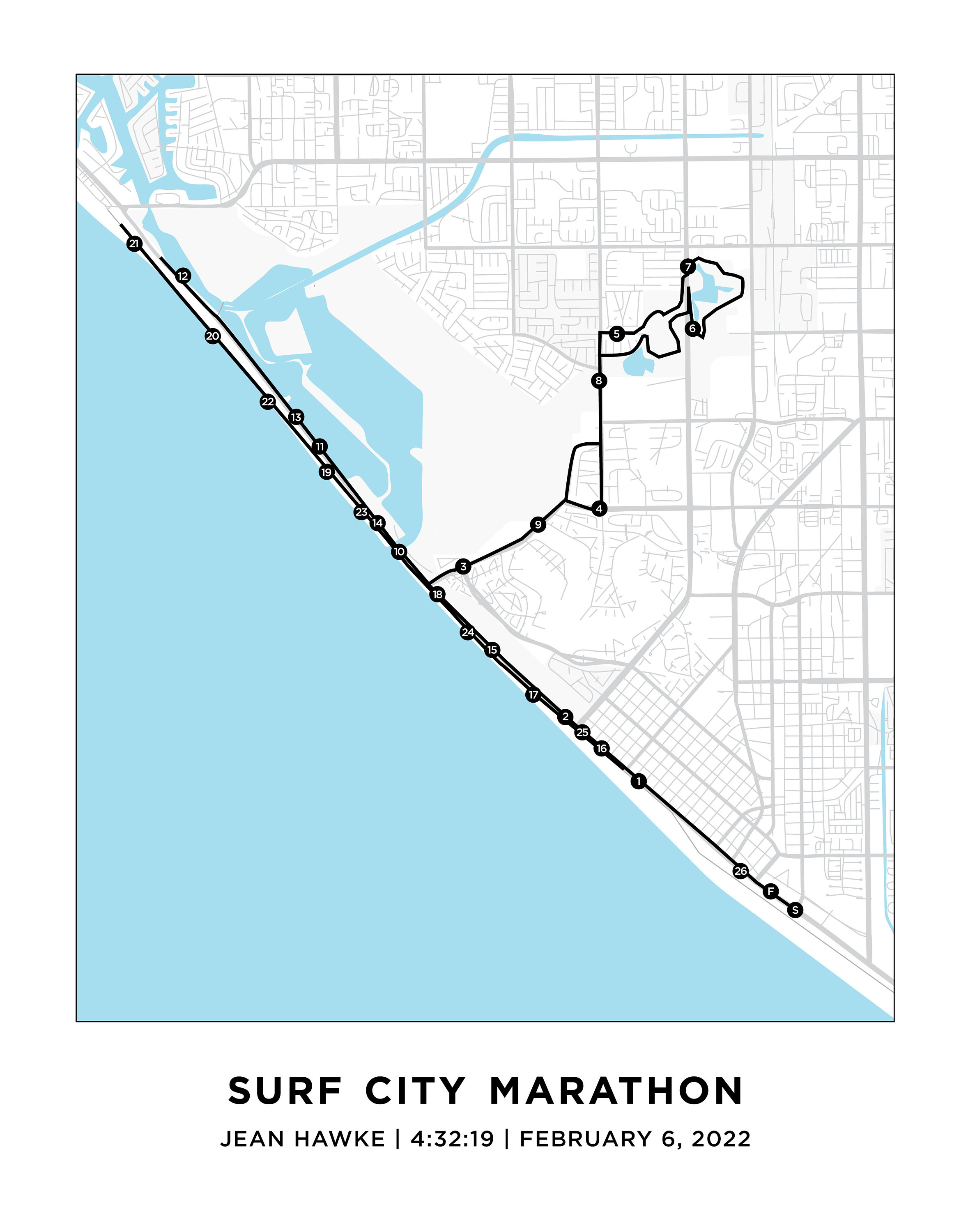 Surf City Marathon Course Map Personalized Surf City Marathon Route Map Marathon Gift for