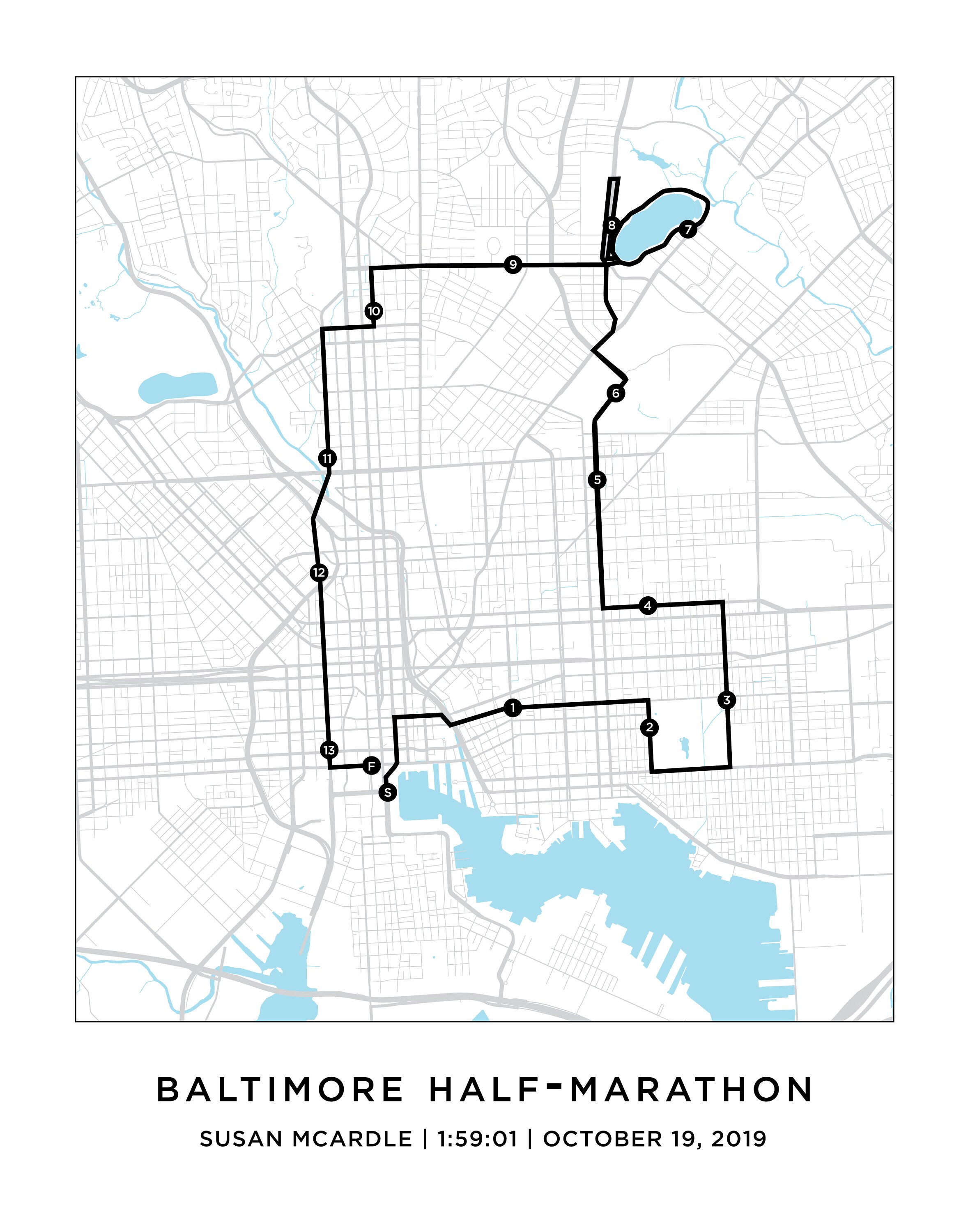 Baltimore Halfmarathon Course Map Personalized Baltimore Etsy