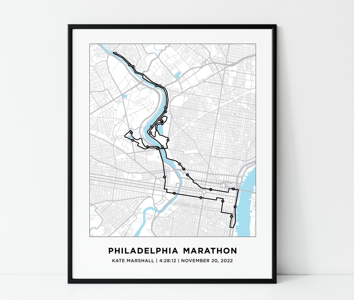 Philadelphia Marathon Course Map Personalized Philadelphia Etsy