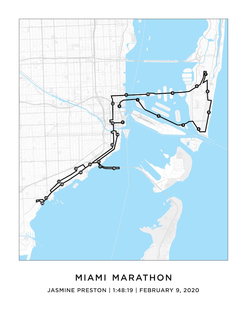 Miami Marathon Course Map Personalized Miami Marathon Route Etsy
