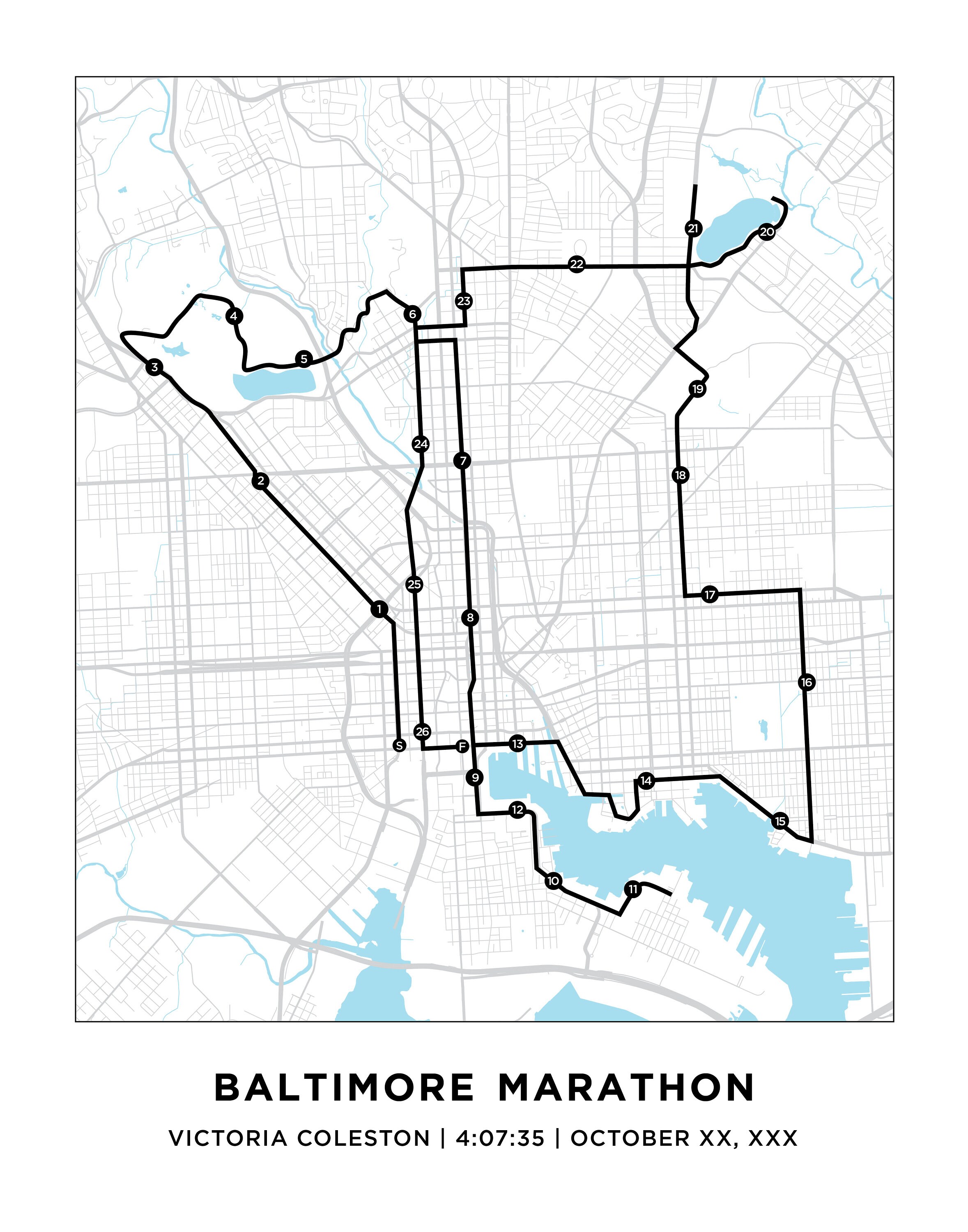 Baltimore Marathon Course Map Personalized Baltimore Marathon Route Map