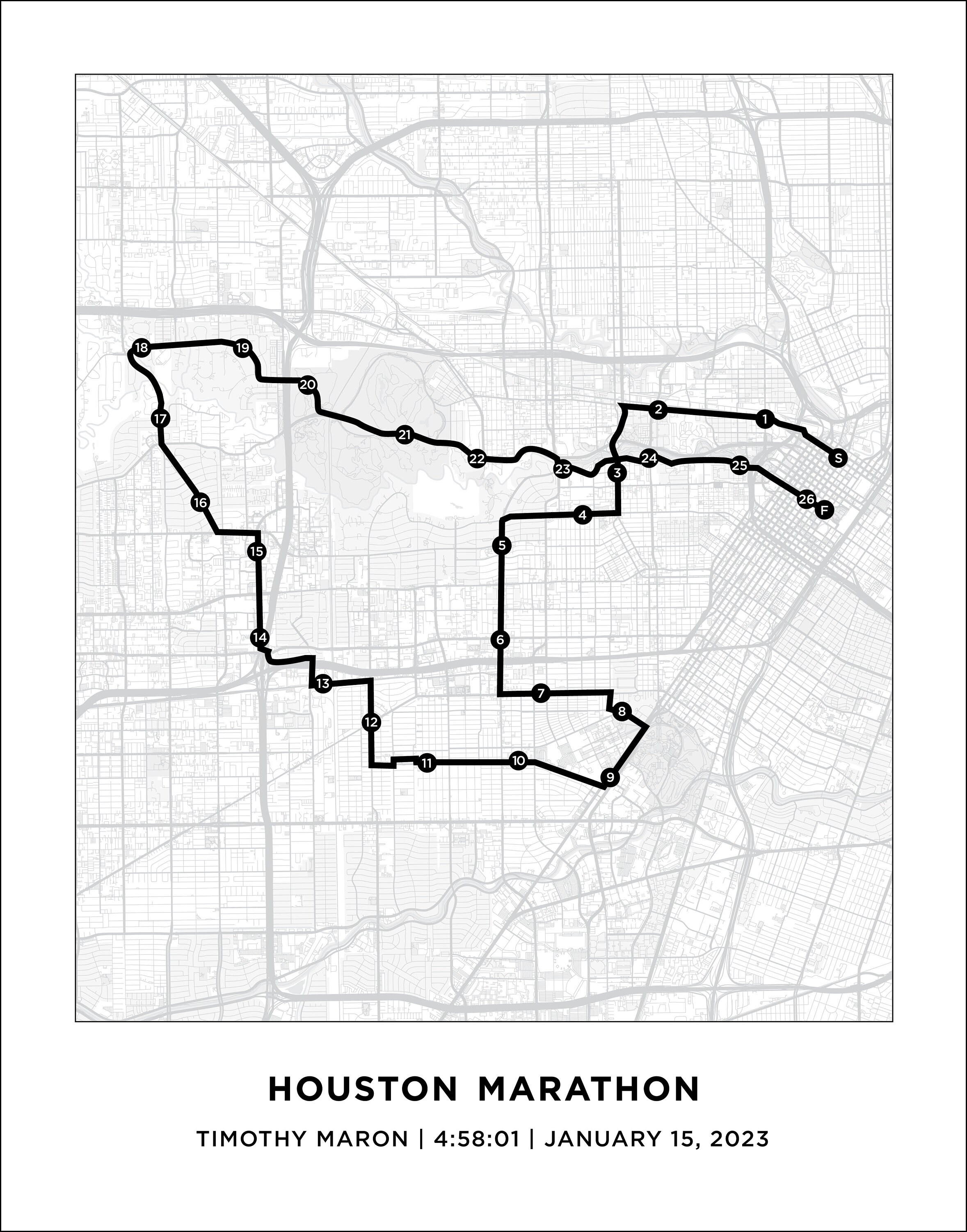 Houston Marathon Course Map Personalized Houston Marathon Etsy