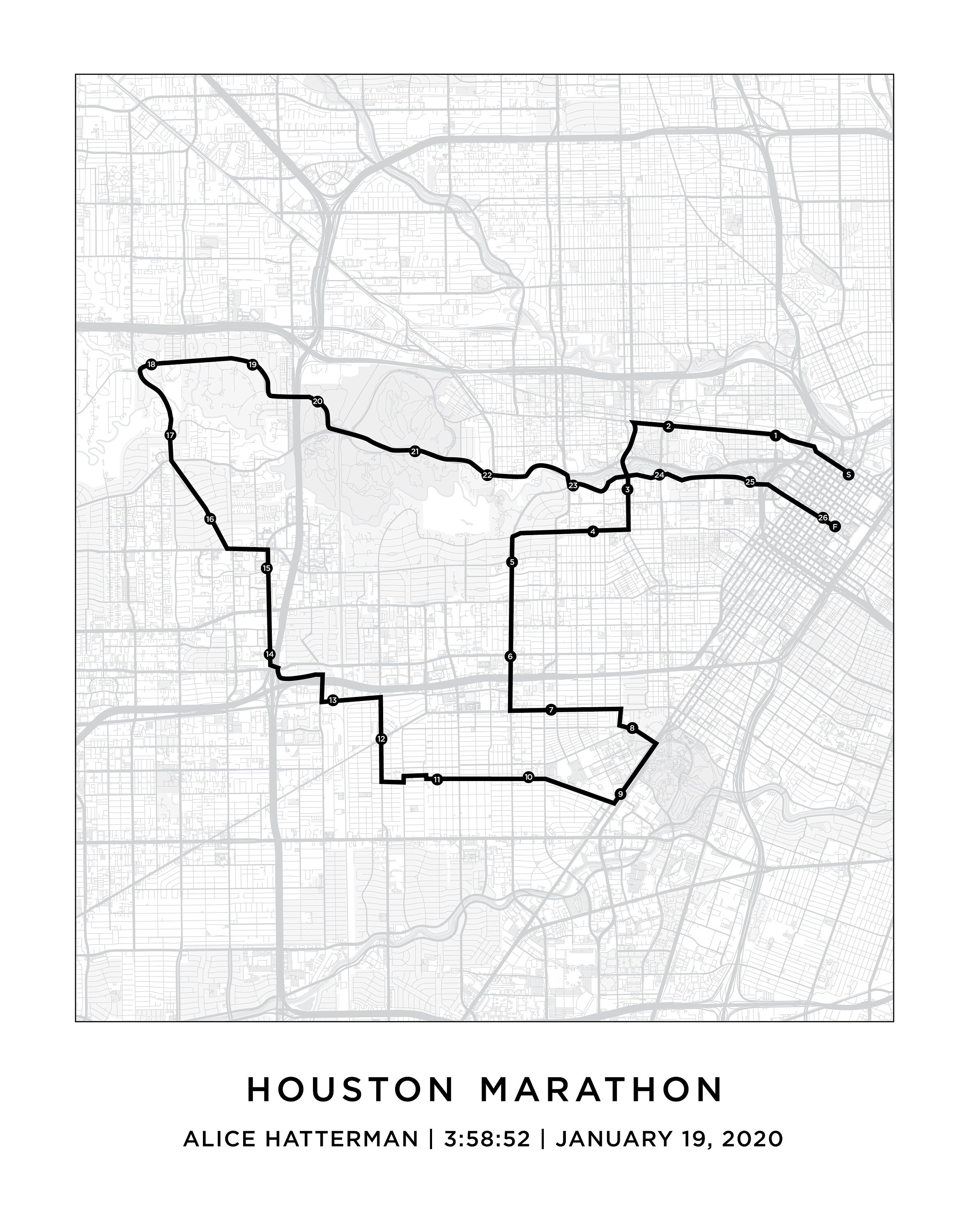 Houston Marathon Course Map Personalized Houston Marathon Route Map