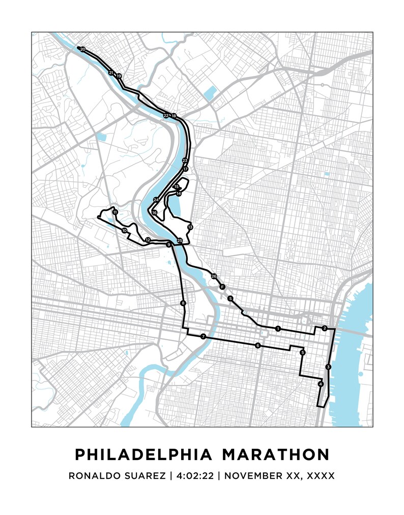 Philadelphia Marathon Course Map Personalized Philadelphia Marathon Route Map Custom Marathon