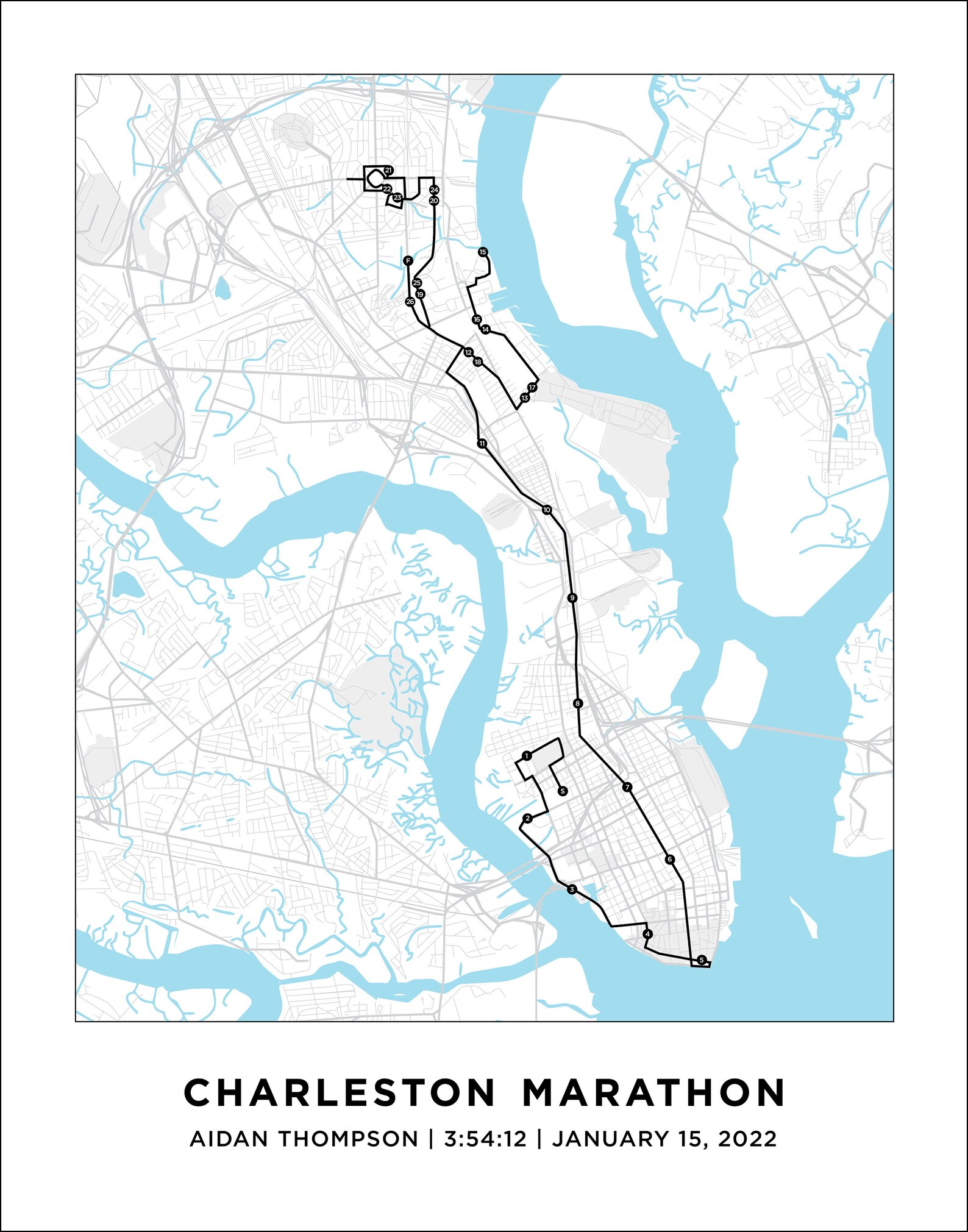 Charleston Marathon Course Map Personalized Charleston Etsy Israel
