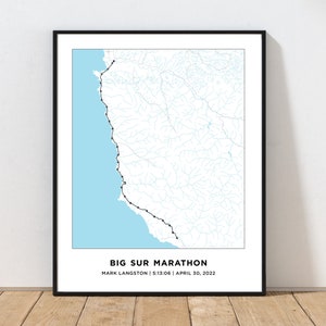 Impression marathon de Big Sur | Carte personnalisée du parcours du marathon de Big Sur | Marathon de Big Sur | Impression marathon | Cadeau pour les coureurs | 26.2 Carte