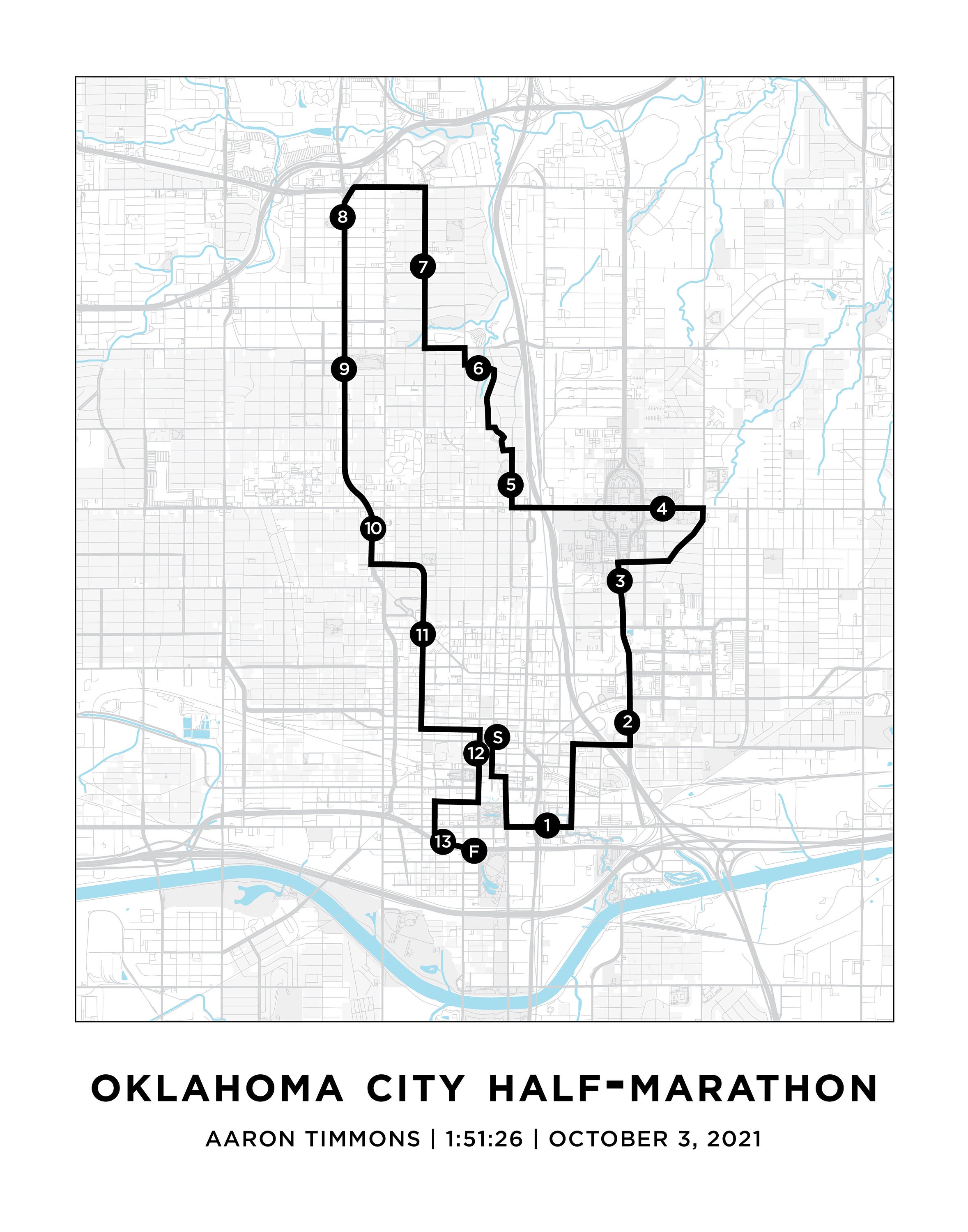Oklahoma City Halfmarathon Course Map Personalized I Etsy