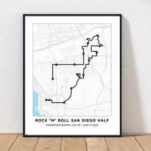 Carte du parcours du semi-marathon de San Diego | Carte personnalisée du trajet San Diego | Semi-marathon Rock'n'Roll | Cadeau pour les coureurs