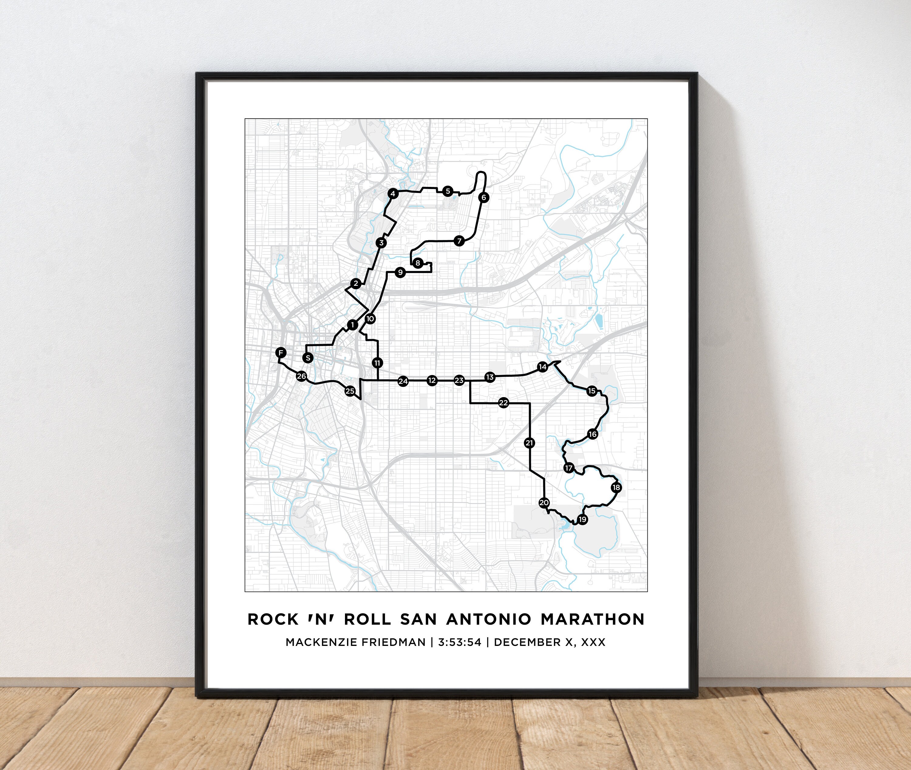 San Antonio Marathon Course Map Personalized San Antonio Marathon Route Map Custom Marathon Map