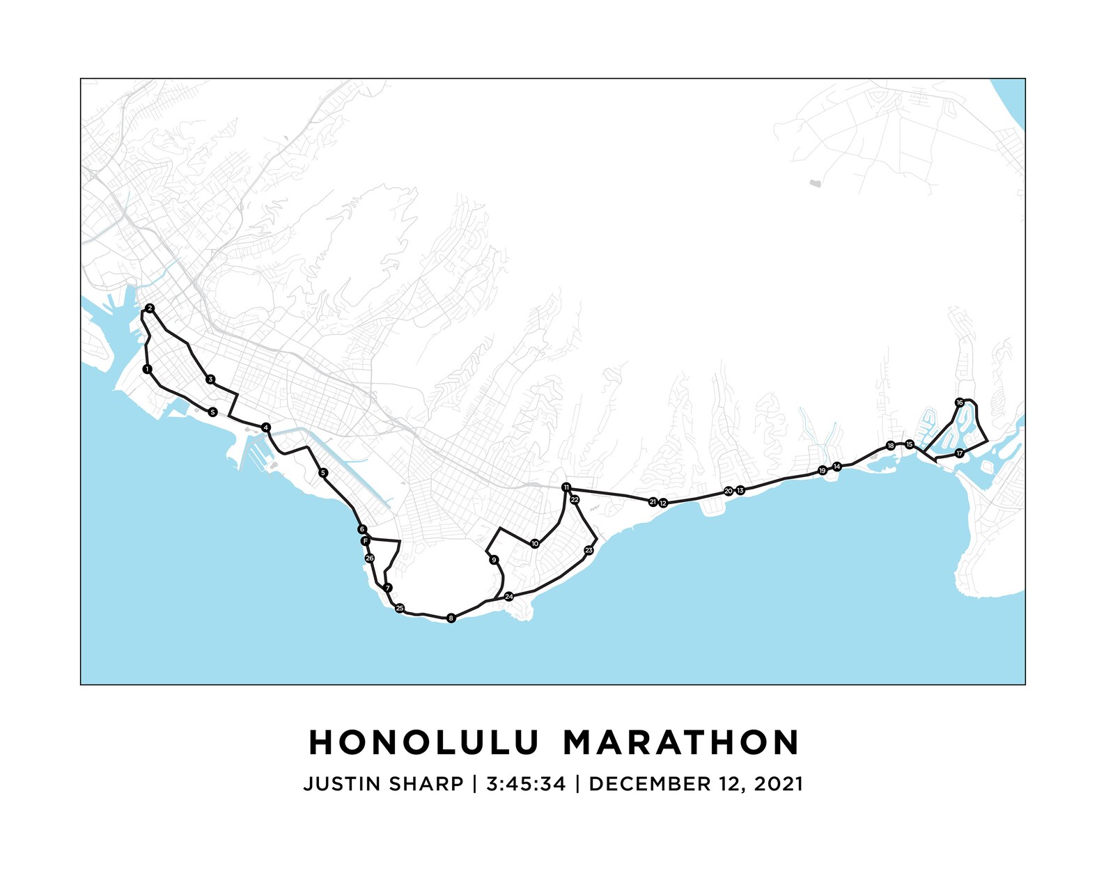 Honolulu Marathon Course Map Personalized Honolulu Route Map Gift for