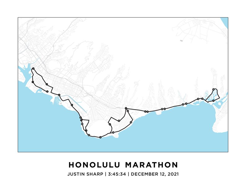 Honolulu Marathon Course Map Personalized Honolulu Route Map Etsy
