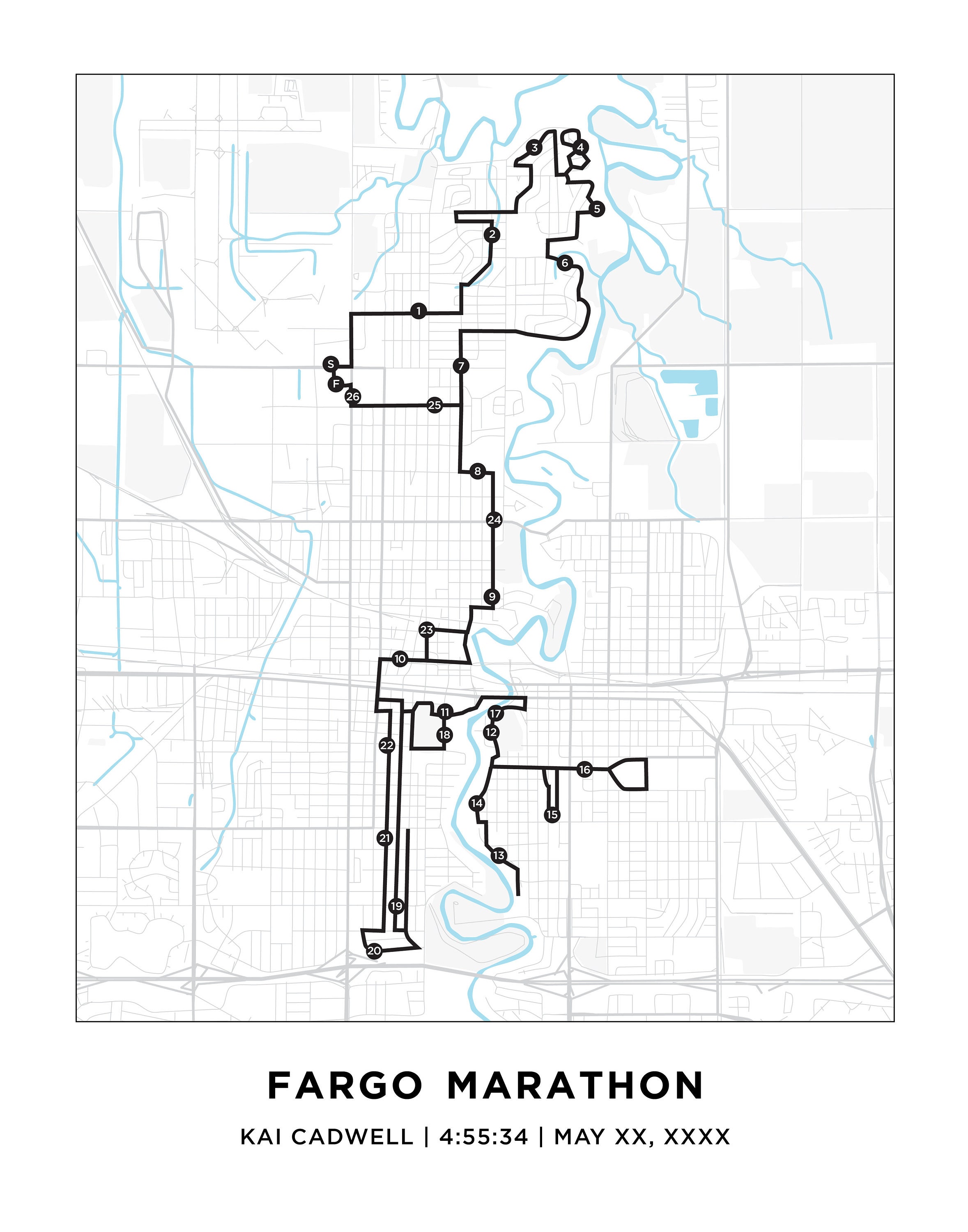 Fargo Marathon Course Map Personalized Fargo Marathon Route Etsy