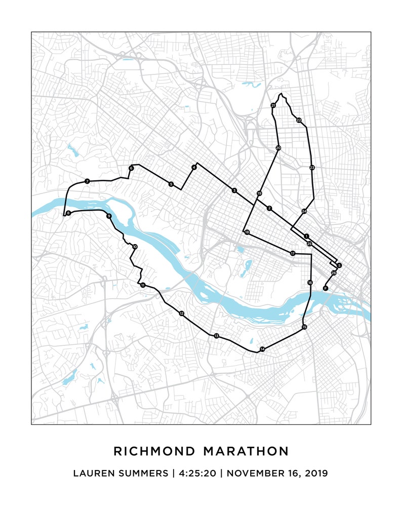 Richmond Marathon Course Map Personalized Richmond Marathon Etsy Hong 