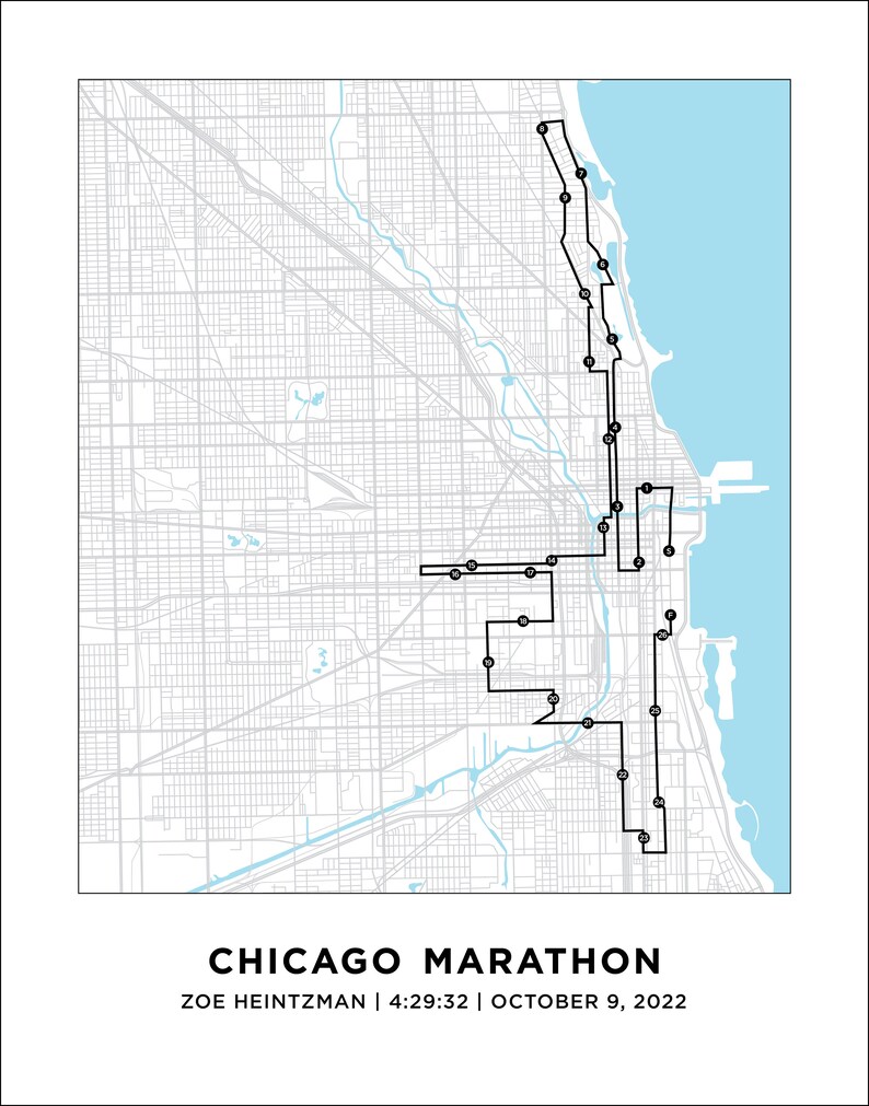 Chicago Marathon Course Map Personalized Chicago Marathon Etsy