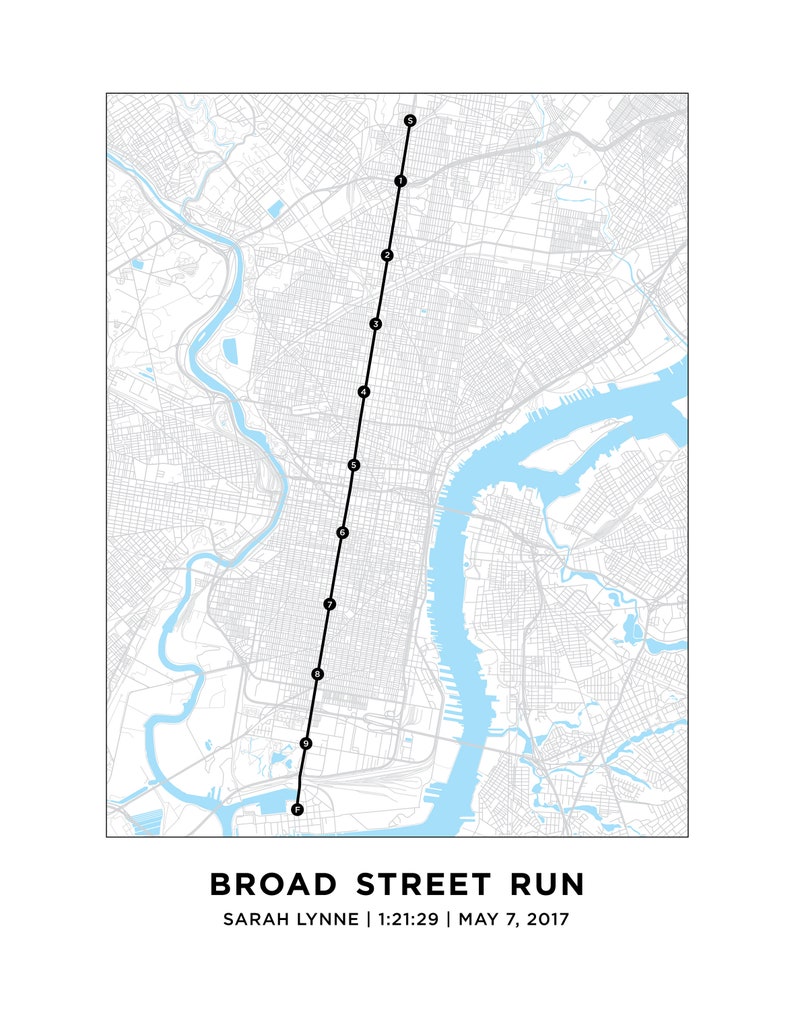 Broad Street Run Course Map Personalized Philadelphia Etsy