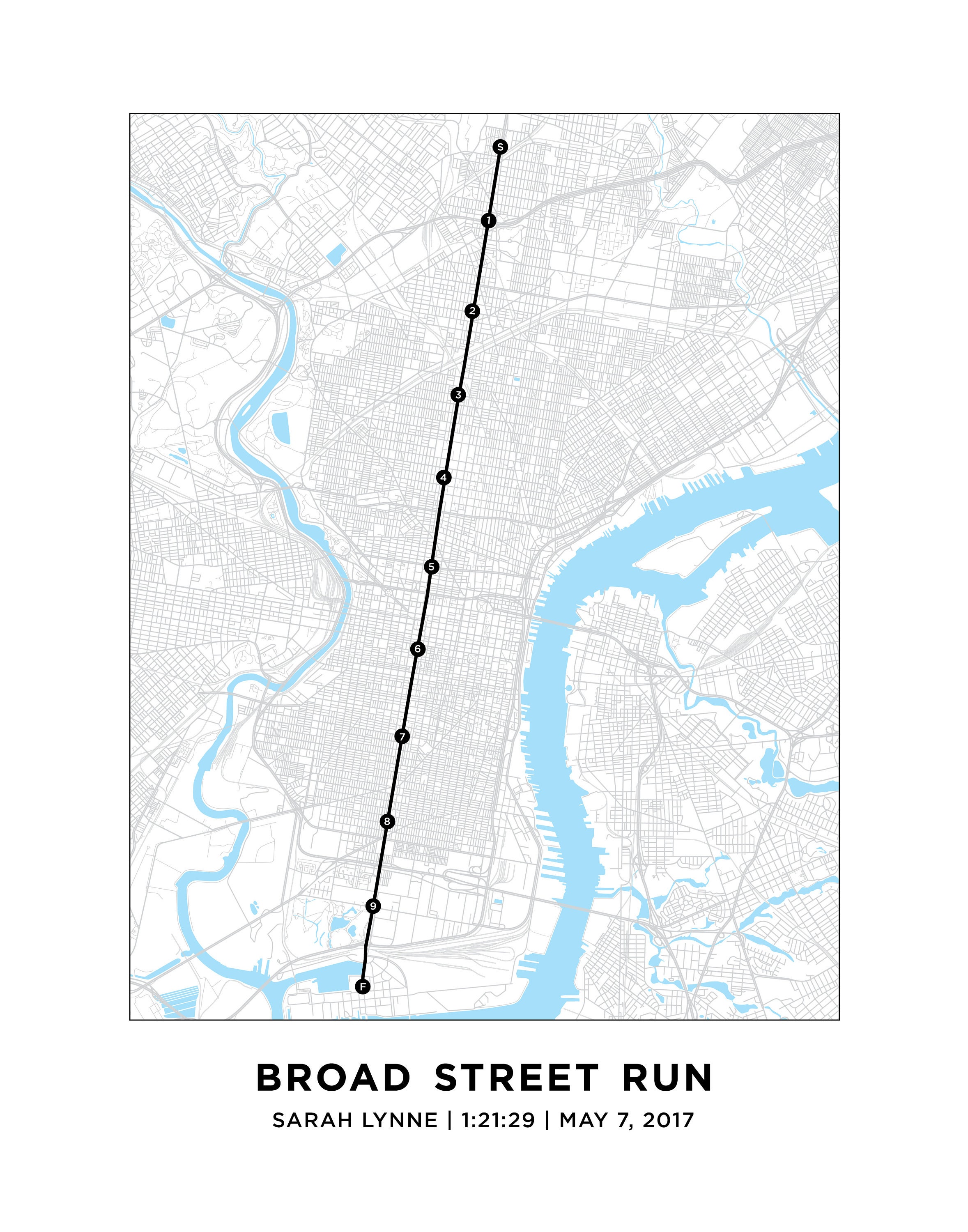 Broad Street Run Course Map Personalized Philadelphia Etsy