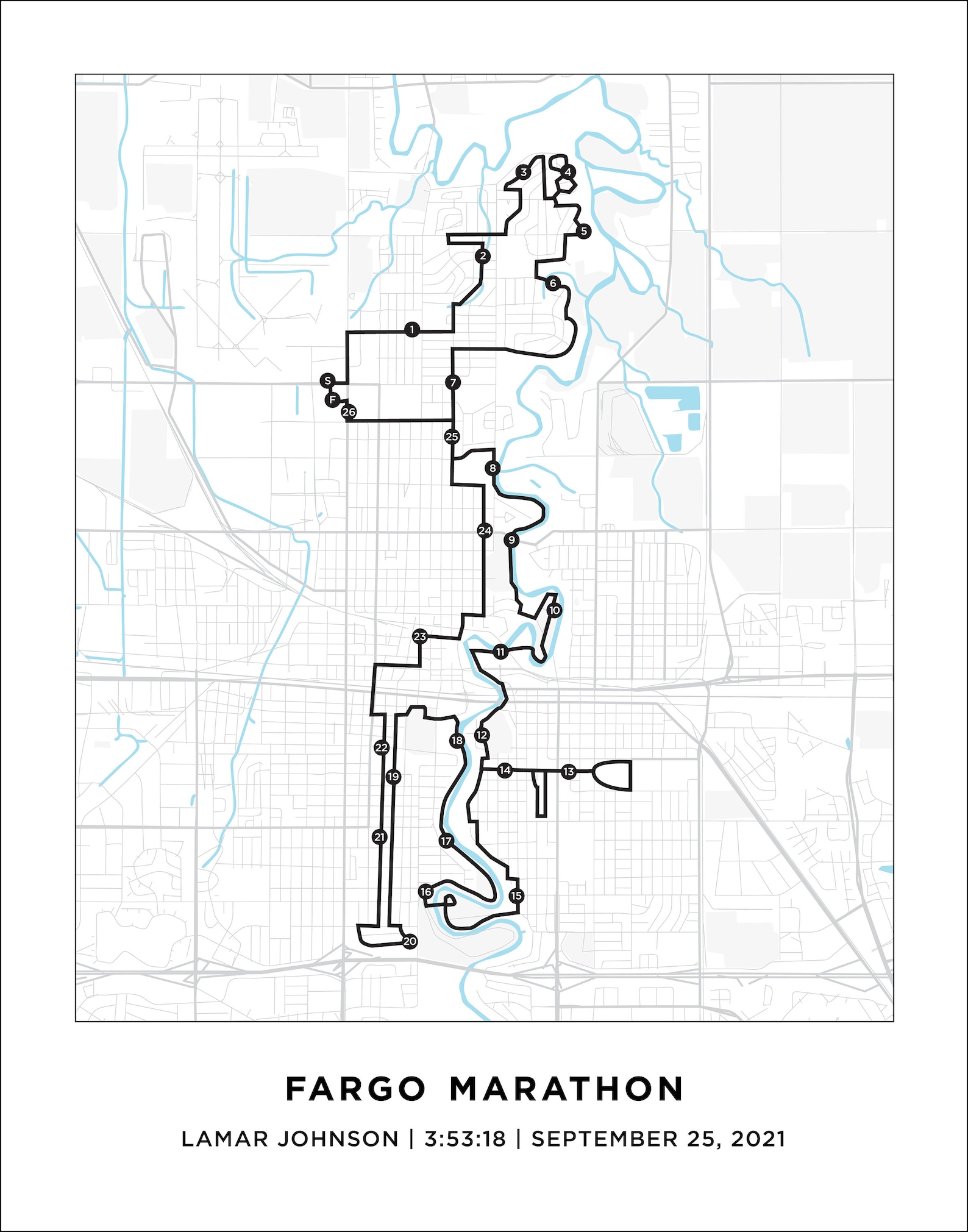 Fargo Marathon Course Map Personalized Fargo Marathon Route Etsy