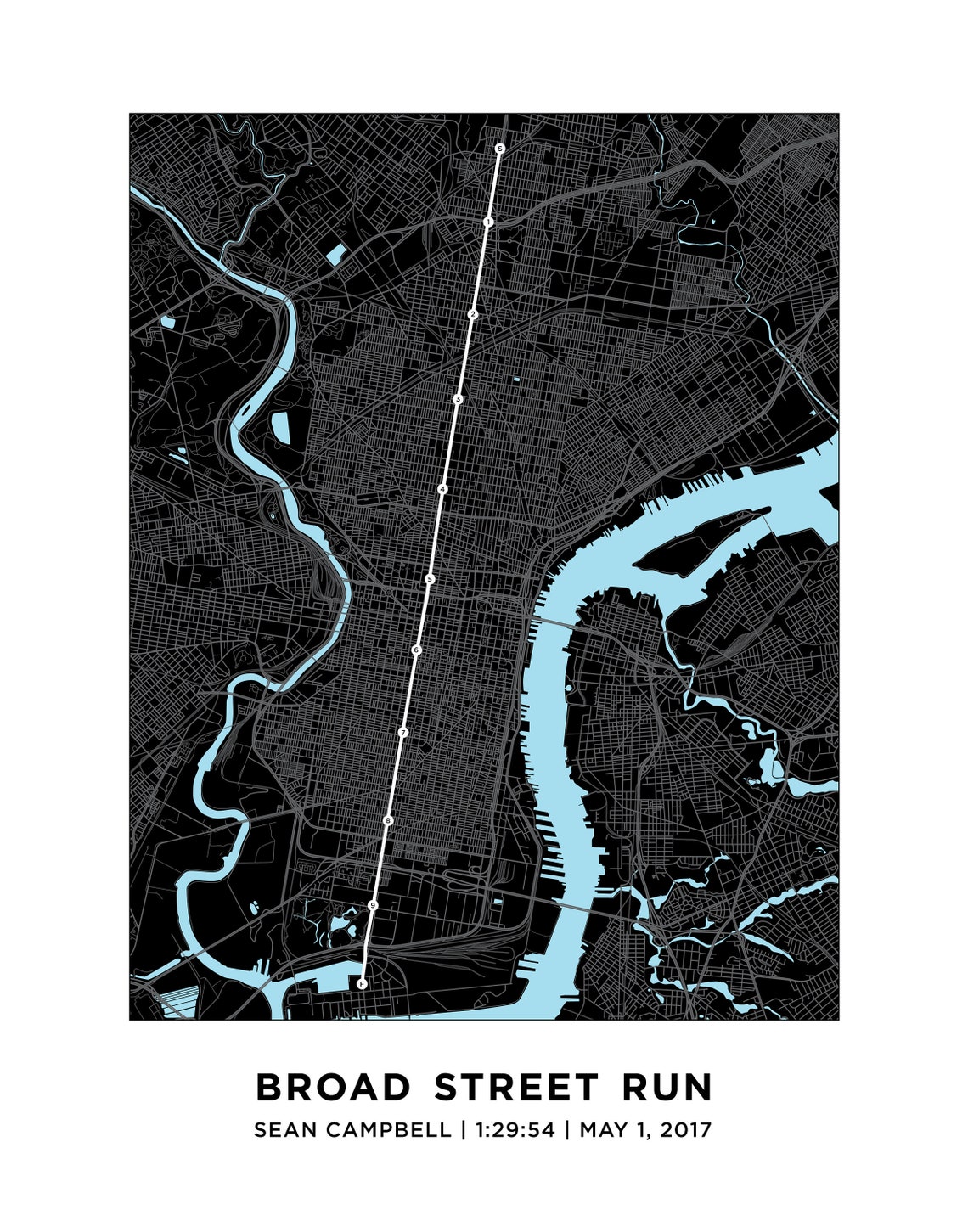 Broad Street Run Course Map Personalized Philadelphia Etsy