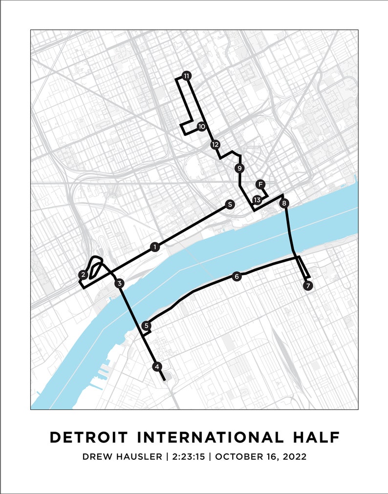 Detroit Half Marathon Course Map Personalized Detroit Half Marathon Map Half Marathon Map Gift