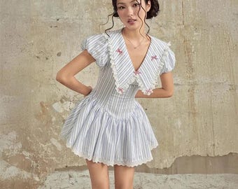 peter pan collar skater dress Brown Mini Dress Peter Pan Collar Contrast White Button Front Preppy  Coquette Skater Ruffle Hem Chic Outfit Set Shorts