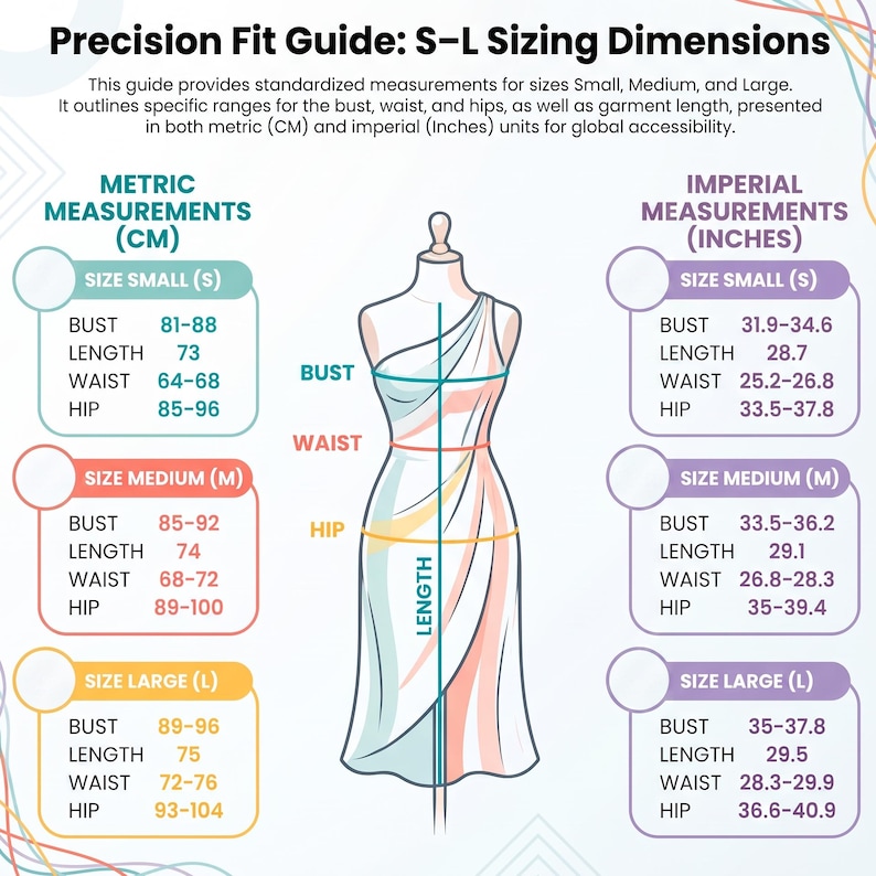 May include: A Precision Fit Guide chart for sizes Small, Medium, and Large. It features a central illustration of a dress on a mannequin with lines indicating bust, waist, hip, and length measurements in both metric centimeters and imperial inches.