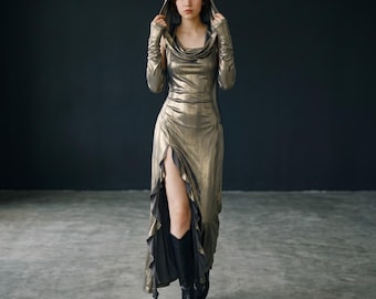 Metaliczna sukienka midi z kapturem: cyberpunkowy look, nocny styl