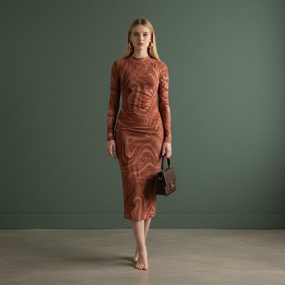 brown marble mesh dress Y2K Swirl Maxi Dress, Bodycon Long Sleeve Dress, Retro 2000s Aesthetic Outfit, Abstract Print Maxi Dress, Clubwear Fashion Color:Fuchsia/Pink Maria Embellished Mesh Maxi Need to Update Stella York SY8180 ||