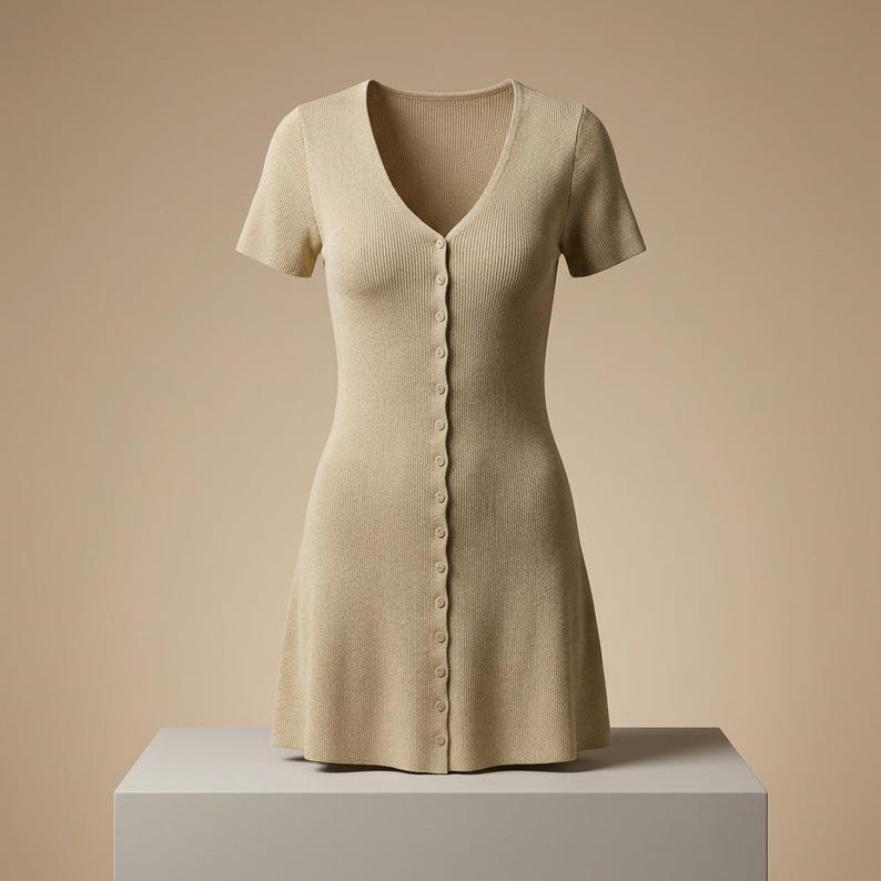 May include: A beige short-sleeved dress featuring a ribbed knit texture, a deep V-neckline, and a central vertical row of small matching buttons extending from the neckline down to the hemline, creating a fitted silhouette with a flared skirt.