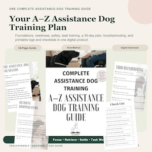 以下が含まれることがあります： Your A-Z Assistance Dog Training Planというタイトルの介助犬トレーニングガイド。このデジタル製品には、基礎、安全性、タスクのトレーニング、トラブルシューティング、30日間の計画、および印刷可能なチェックリストが含まれています。