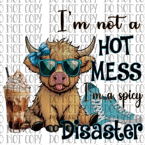 May include: A whimsical graphic featuring a Highland cow wearing sunglasses and a bow, with the text "I'm not a HOT MESS, I'm a spicy Disaster." Includes an iced coffee and blue sneakers. The image has a white background.