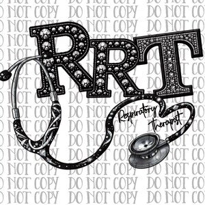 Puede incluir: Ilustración en blanco y negro de las letras RRT con diamantes de imitación. Un estetoscopio con un diseño en blanco y negro está envuelto alrededor de las letras. El texto "Respiratory Therapist" está escrito en el estetoscopio.