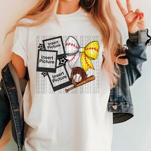 May include: White t-shirt with a softball themed design. The design includes three picture frames with the text "Insert Picture" in each frame. The design also includes a softball, a glove, a bat, and a yellow and white bow.