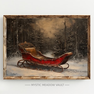 May include: A framed painting of a red sleigh in a snowy forest. The sleigh, with a wooden frame, is set against a backdrop of snow-covered trees. The painting has a vintage, rustic aesthetic, evoking a winter scene.