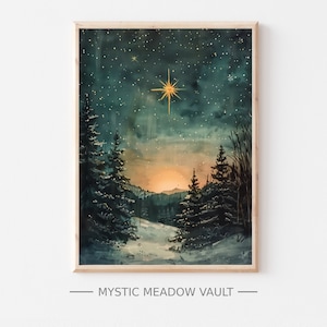Estrella de Navidad sobre arte de bosques nevados / Escena de estrella festiva / Arte del cielo de Navidad / Impresión del cielo nocturno / Decoración de la noche estrellada