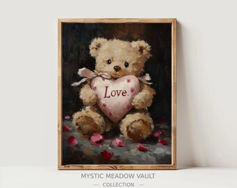 Vintage Valentine’s Teddy Bear Wall Art | Romantic Retro Digital Download | Valentine’s Day Decor