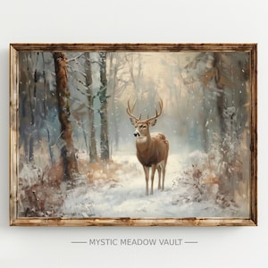 May include: A painting of a white-tailed deer standing in a snowy forest. The deer is brown with a white tail and antlers. The forest is covered in snow and there are trees in the background.