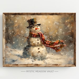 May include: A cheerful snowman with a red and black plaid scarf and a black top hat stands in a snowy winter scene. The snowman has a carrot nose and black eyes. The background is a blurry forest with falling snow.