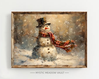 Vintage Snowman Art Print | Nostalgic Winter Decor| Vintage Holiday Print | Christmas Cheer Painting | Snowy Art | Printable Snowman