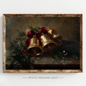 May include: A vintage painting depicting a cluster of gold bells tied together with a red ribbon and surrounded by green holly branches. The bells are arranged in a cluster, with the largest bell in the centre. The painting has a dark background and a warm, inviting feel.