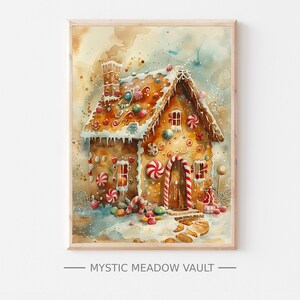 May include: A watercolour painting of a gingerbread house decorated with candy canes, gumdrops, and other sweets. The house is set against a snowy background with a light blue sky.