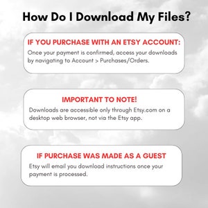 May include: A white background with red text explaining how to download files purchased on Etsy. The text explains that downloads are accessible through Etsy.com on a desktop web browser, not the Etsy app.